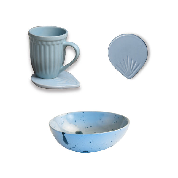 Set of 3 in Blue Ceramic - Splatter Print Organic Shape Bowl