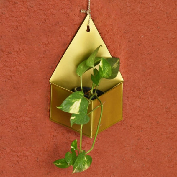 Diamond Hanging Metal Mounted Wall Planter / Letter Box in Matte Gold Finish 1 BHK Interiors