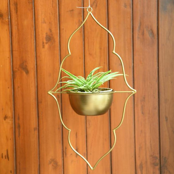 Moroccan Hanging Metal Planter in Gold Finish 1 BHK Interiors