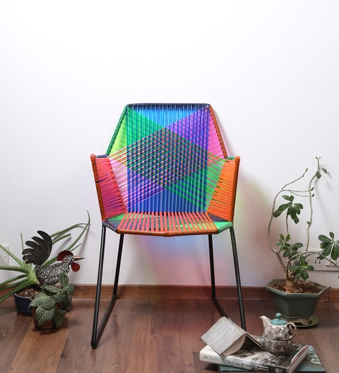 Psychedelic Multicoloured Metal & Plastic Cane Outdoor Garden Chair in Black Frame 1 BHK Interiors