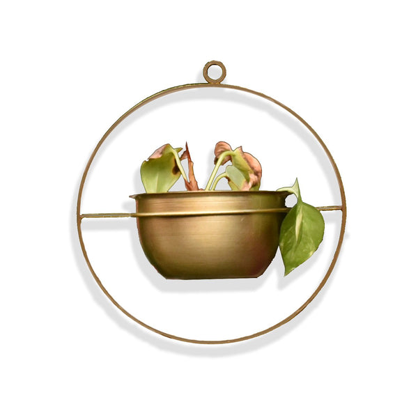 Round Metal Hanging Planter/Bird Feeder in Gold Finish (Small) 1 BHK Interiors
