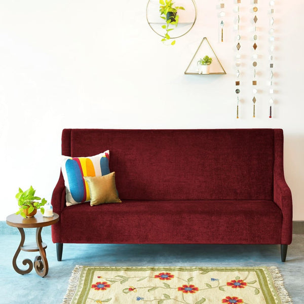 "Audrey" High Back Three Seater Sofa in Velvet Finish with Teak Legs - 6 colour options 1 BHK Interiors