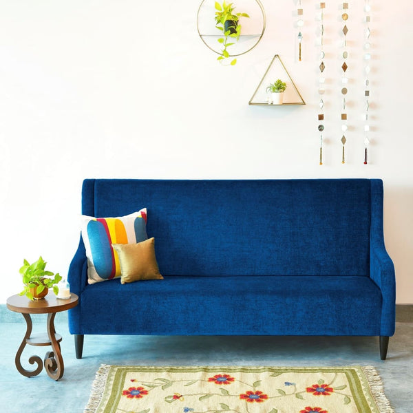 "Audrey" High Back Three Seater Sofa in Velvet Finish with Teak Legs - 6 colour options 1 BHK Interiors