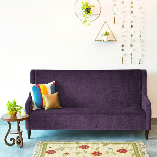 "Audrey" High Back Three Seater Sofa in Velvet Finish with Teak Legs - 6 colour options 1 BHK Interiors