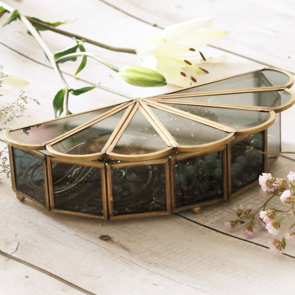 Peacock Wing Black Glass & Brass Jewellery Box - Decorative 