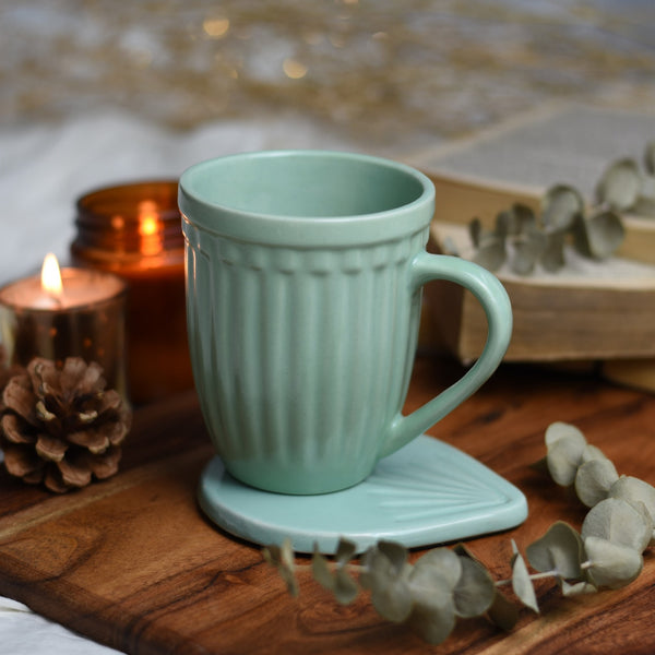 Set of 3 in Ceramic Mint Green - Salad Plate + Vintage Look Grooved Mug + Coaster 1 BHK Interiors