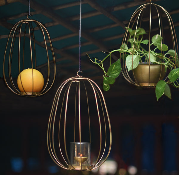 "Watermelon" Metal Candle Holder / Hanging Planter in Gold Finish (Optional Matching Bowl) 1 BHK Interiors