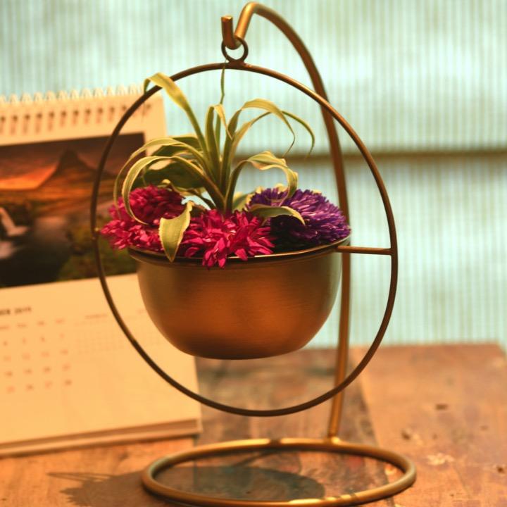 "Bow Down Mister" Table Top Stand with Hanging Planter in Gold 1 BHK Interiors