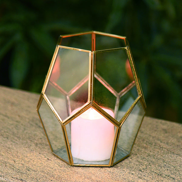 "Cobweb" Metal & Glass Terrarium Candle Holder / Planter in Gold Finish 1 BHK Interiors