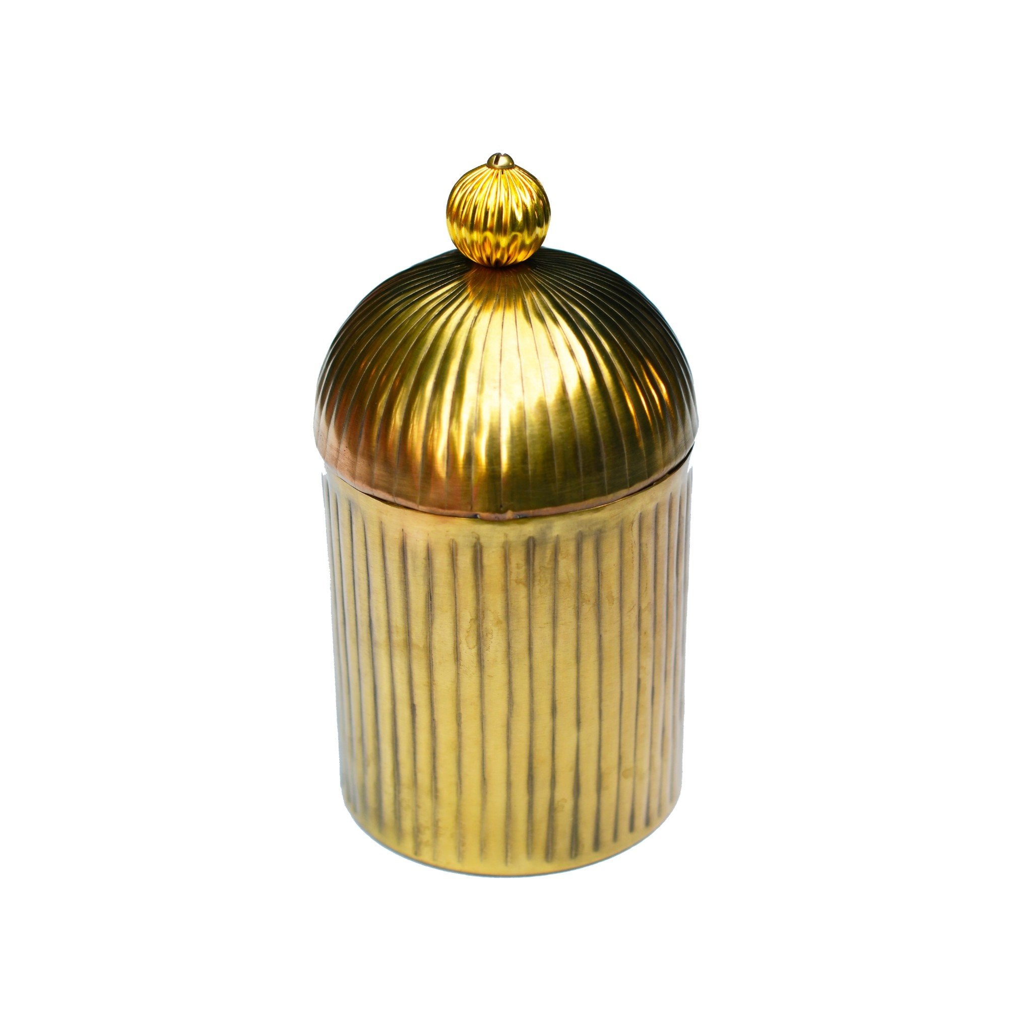 Decorative Ribbed Metal Jar with Dome Lid in Antique Gold Finish - 2 sizes 1 BHK Interiors