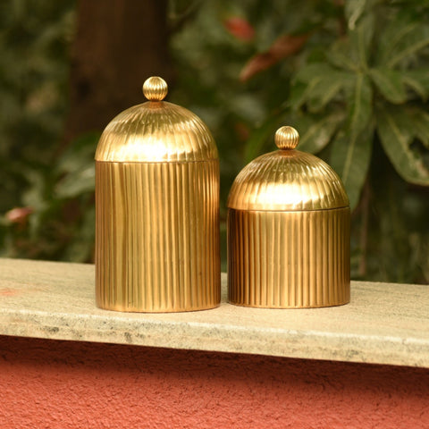 Decorative Ribbed Metal Jar with Dome Lid in Antique Gold Finish - 2 sizes 1 BHK Interiors