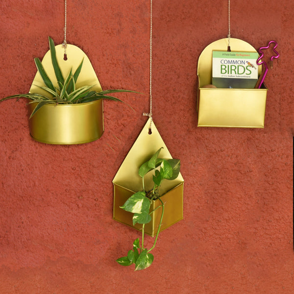 Diamond Hanging Metal Mounted Wall Planter / Letter Box in Matte Gold Finish 1 BHK Interiors