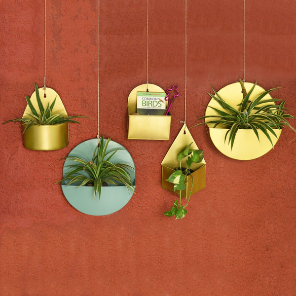 Diamond Hanging Metal Mounted Wall Planter / Letter Box in Matte Gold Finish 1 BHK Interiors