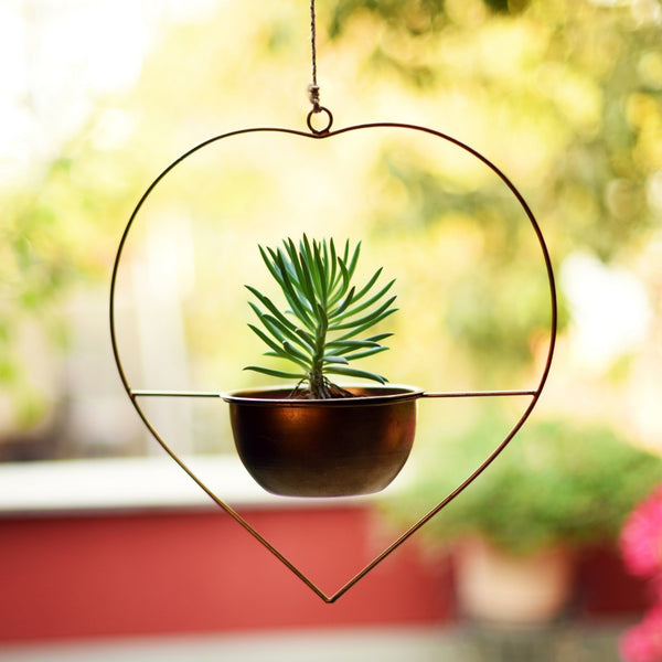 "Heart" Metal Hanging Planter / Bird Feeder in Gold Finish 1 BHK Interiors