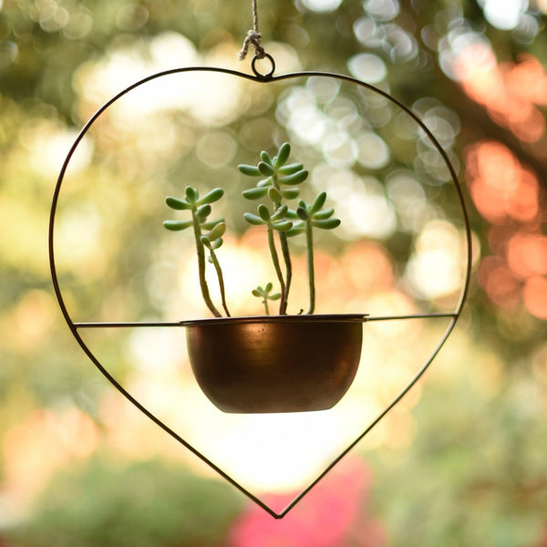 "Heart" Metal Hanging Planter / Bird Feeder in Gold Finish 1 BHK Interiors