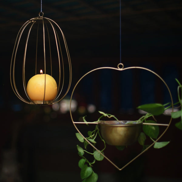 "Heart" Metal Hanging Planter / Bird Feeder in Gold Finish 1 BHK Interiors