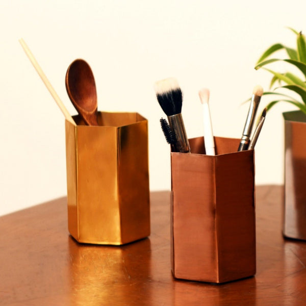 Hexagonal Metal Pen Stand / Vase / Spoon Holder in 3 Molten Metallics - Gold, Rose Gold or Silver 1 BHK Interiors