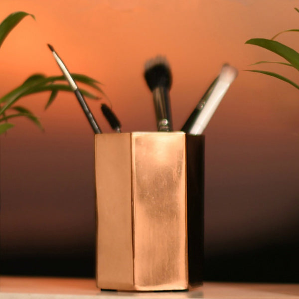 Hexagonal Metal Pen Stand / Vase / Spoon Holder in 3 Molten Metallics - Gold, Rose Gold or Silver 1 BHK Interiors