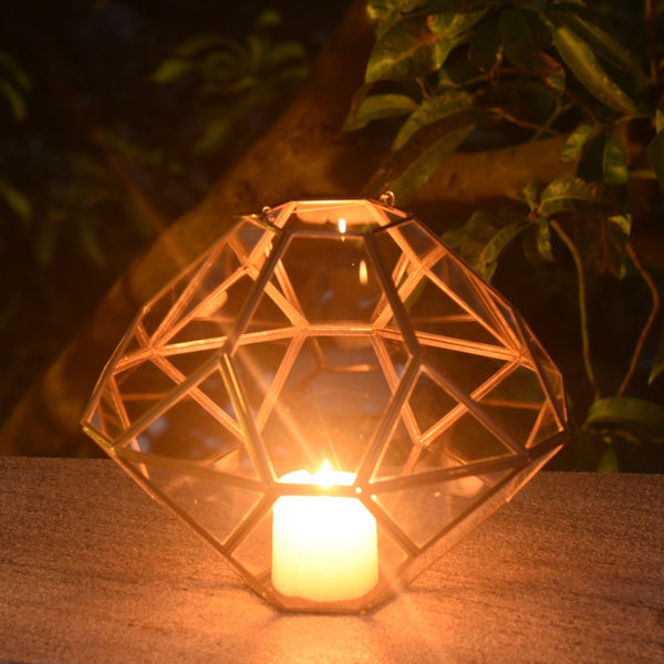 Large Metal & Glass Hanging Terrarium Style Candle Holder in Gold Finish 1 BHK Interiors