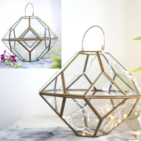 Large Metal & Glass Hanging Terrarium Style Candle Holder in Gold Finish 1 BHK Interiors