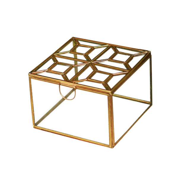 Metal & Glass Square Decorative Box in Gold 1 BHK Interiors