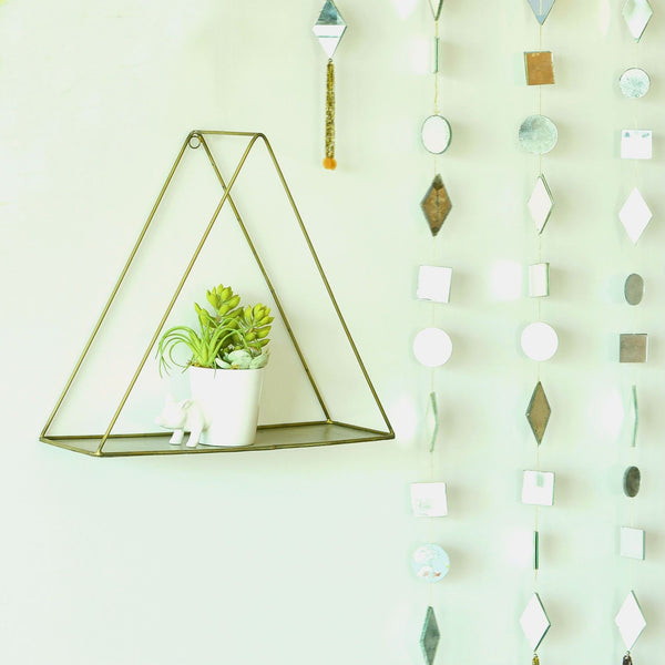 Metal Hanging Triangle Shelf in Gold Finish 1 BHK Interiors