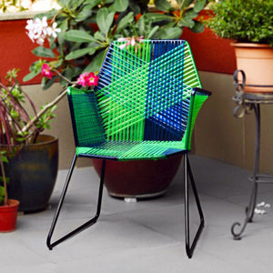 Psychedelic Metal & Plastic Cane Outdoor Garden Chair in Blue & Green 1 BHK Interiors