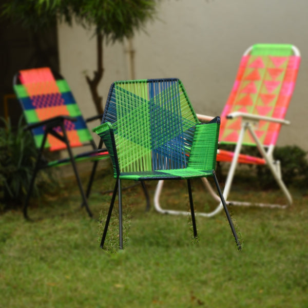 Psychedelic Metal & Plastic Cane Outdoor Garden Chair in Blue & Green 1 BHK Interiors