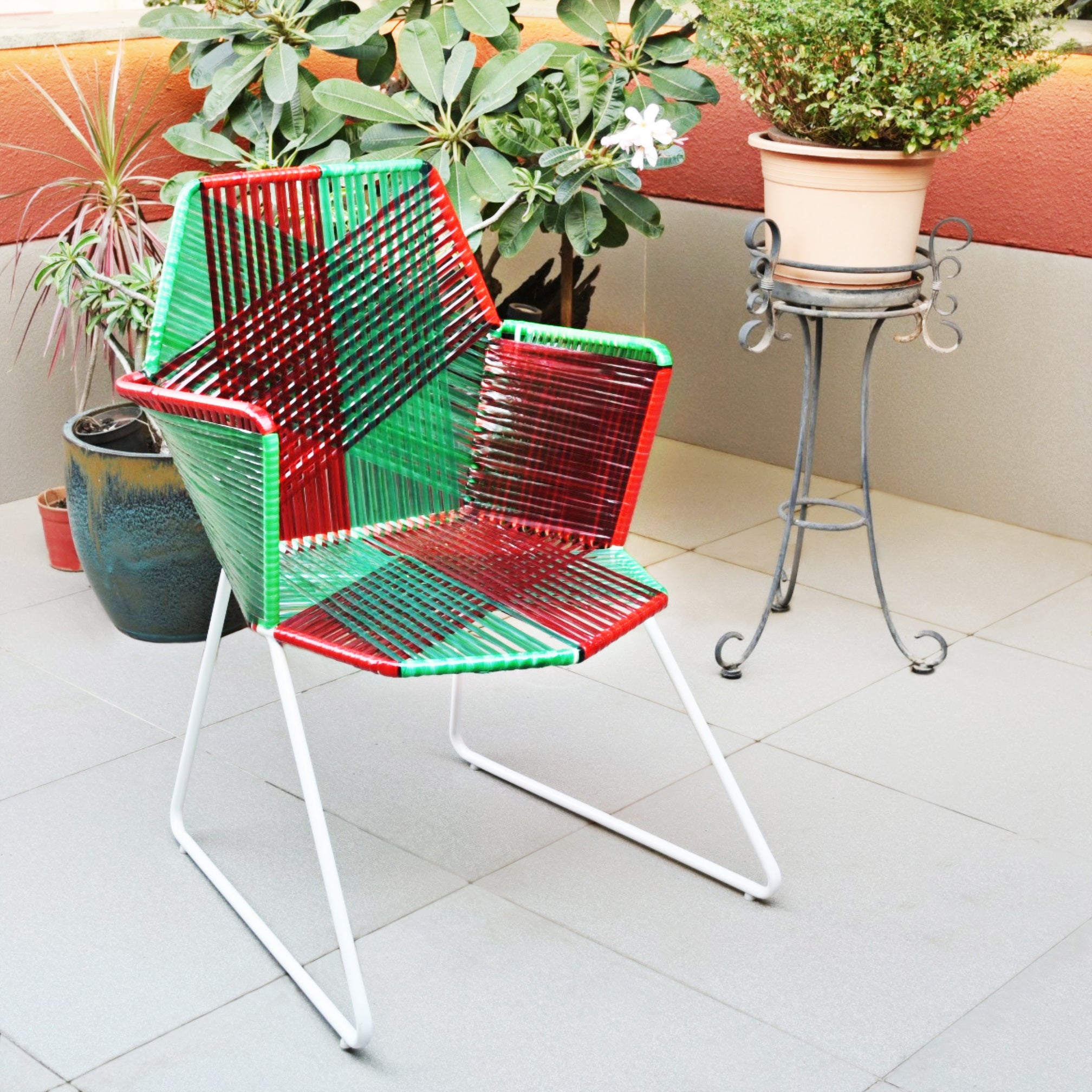 Psychedelic Metal Plastic Cane Outdoor Garden Chair in Red Green w