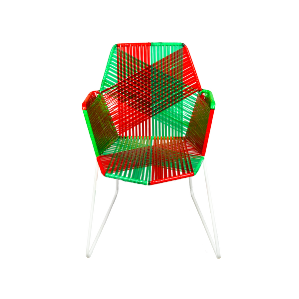 Psychedelic Metal & Plastic Cane Outdoor Garden Chair in Red & Green with White Frame 1 BHK Interiors