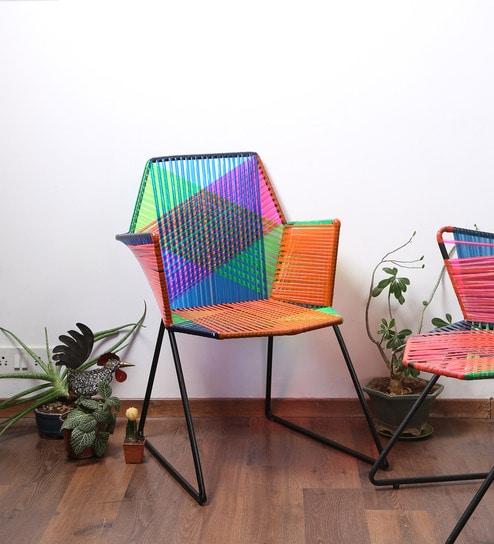 Psychedelic Multicoloured Metal & Plastic Cane Outdoor Garden Chair in Black Frame 1 BHK Interiors