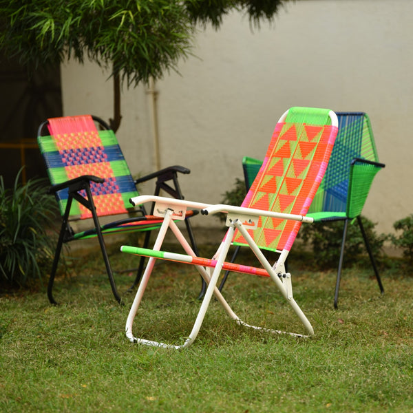 Psychedelic Metal & Plastic Cane Reclining Foldable Garden Chair 1 BHK Interiors
