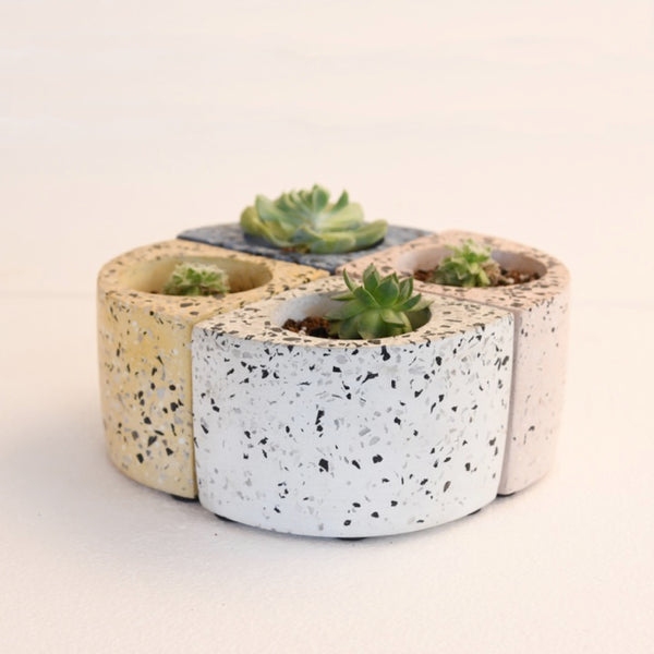 Quarter Concrete Table Top Pot / Planters with Terrazzo Print in 4 Colours 1 BHK Interiors