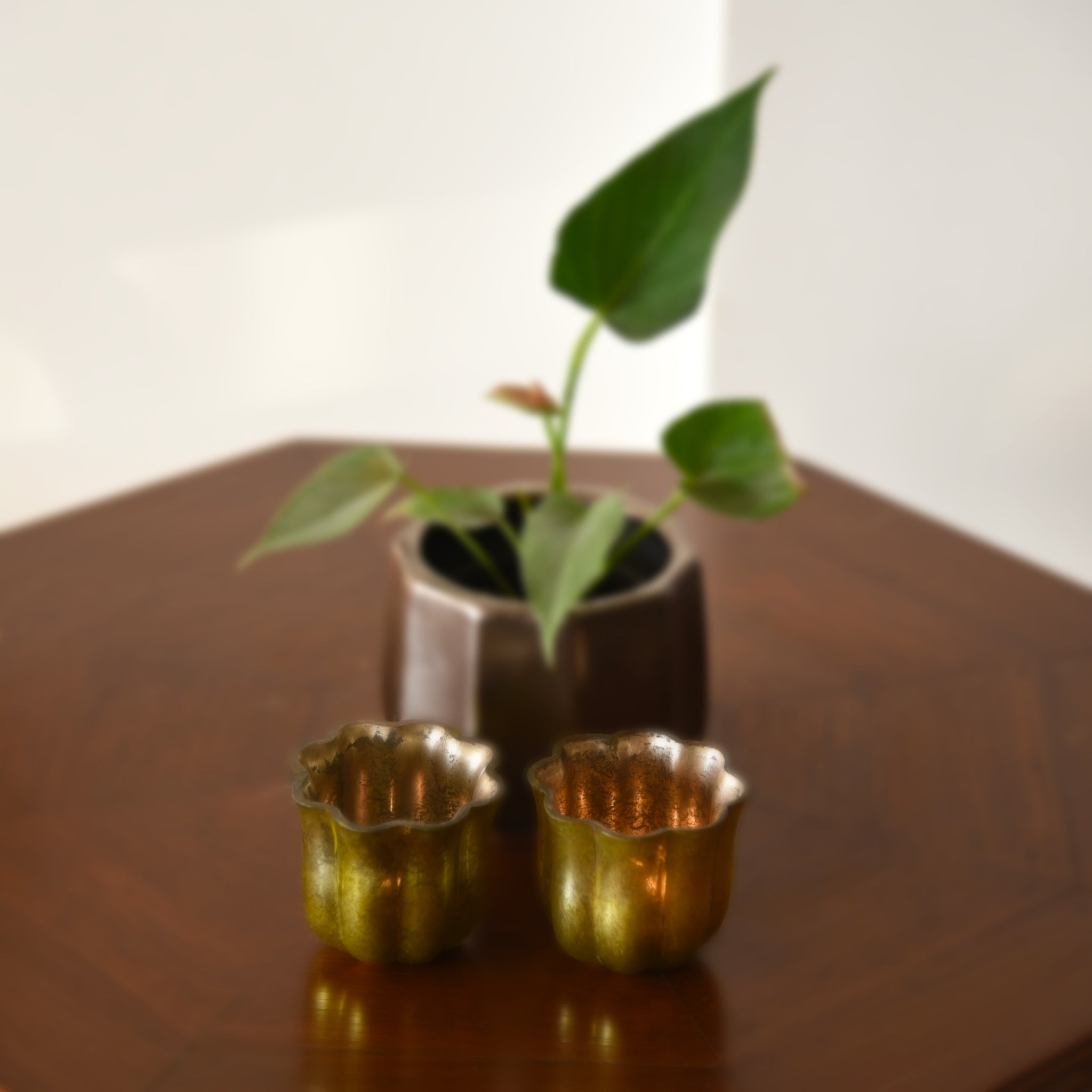 "Tulip" Antique Look Metallic Glass Glowing Votive Tea Light Candle Holder Diya in Gold Finish 1 BHK Interiors