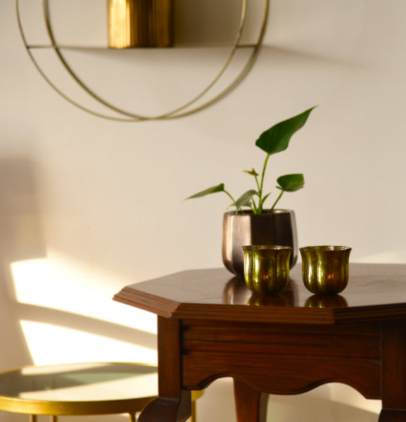 "Tulip" Antique Look Metallic Glass Glowing Votive Tea Light Candle Holder Diya in Gold Finish 1 BHK Interiors