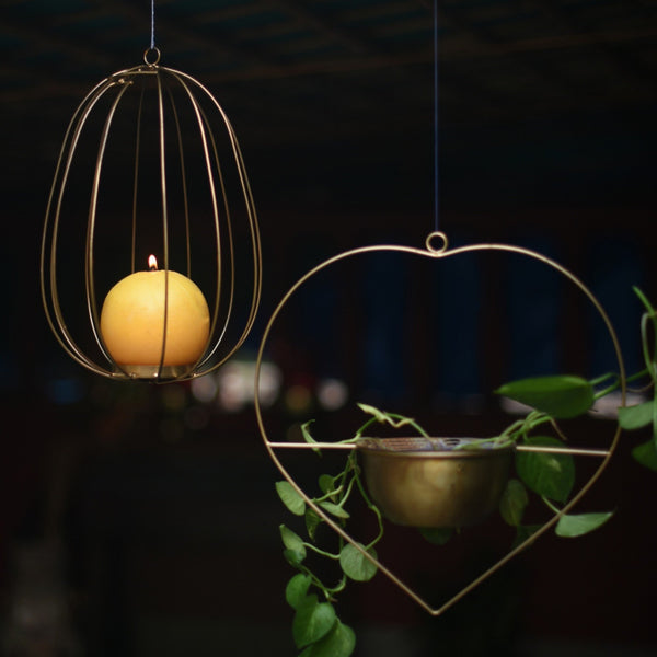 "Watermelon" Metal Candle Holder / Hanging Planter in Gold Finish (Optional Matching Bowl) 1 BHK Interiors