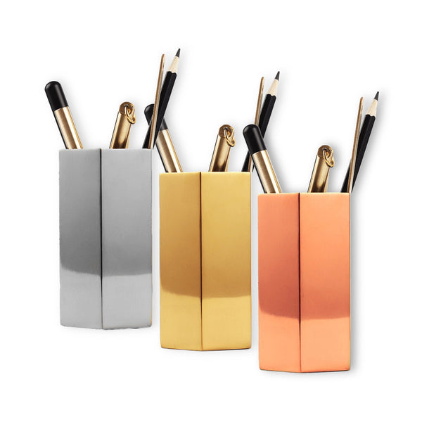 Hexagonal Metal Pen Stand / Vase / Spoon Holder in 3 Molten Metallics - Gold, Rose Gold or Silver 1 BHK Interiors