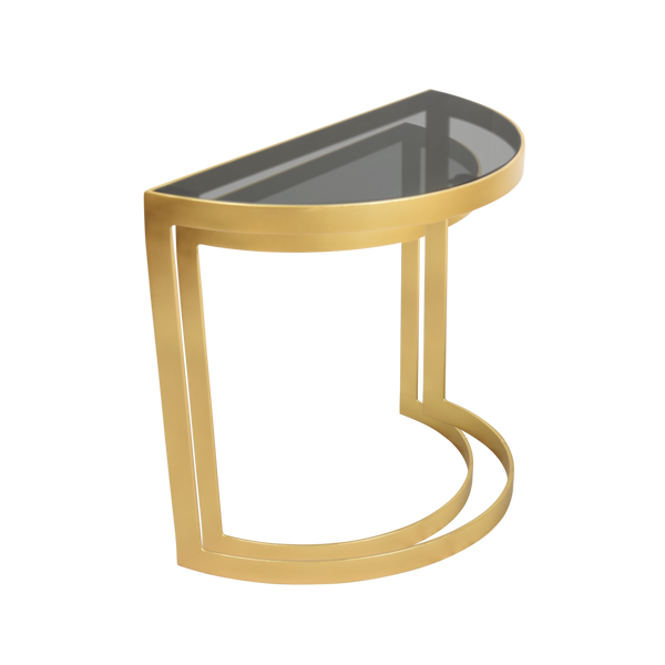 Set of 2 Deco Half Circle Nesting Tables in Metal with Black Glass Top 1 BHK Interiors