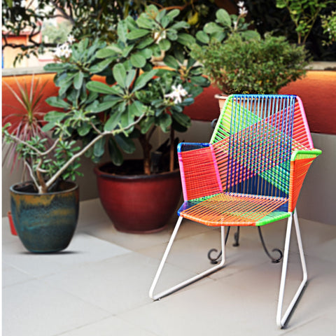 Psychedelic Multicoloured Metal & Plastic Cane Outdoor Garden Chair in White Frame 1 BHK Interiors