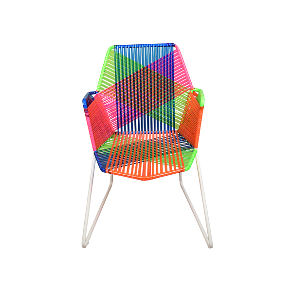 Psychedelic Multicoloured Metal & Plastic Cane Outdoor Garden Chair in White Frame 1 BHK Interiors
