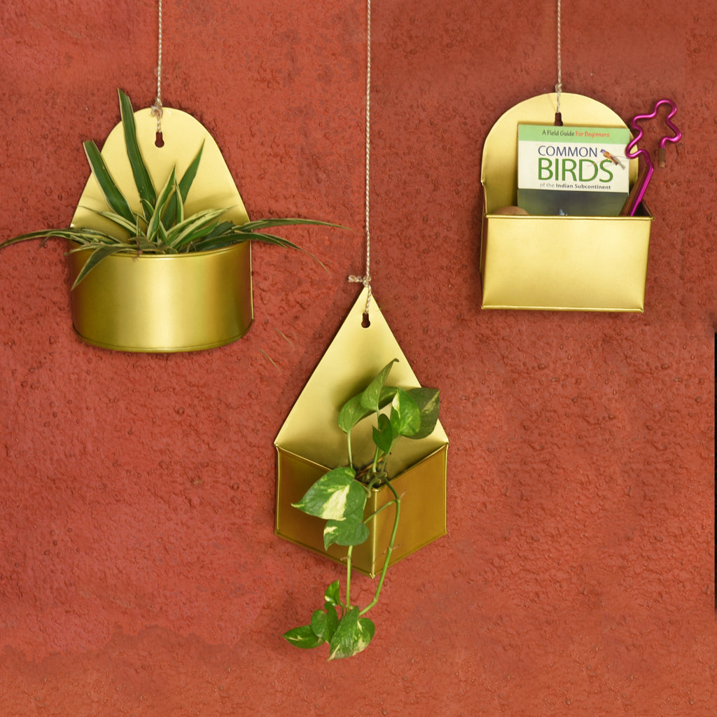 gold wall plant hanger Geometric Hanging Metal Mounted Wall Planter / Letter Box in Matte Gol