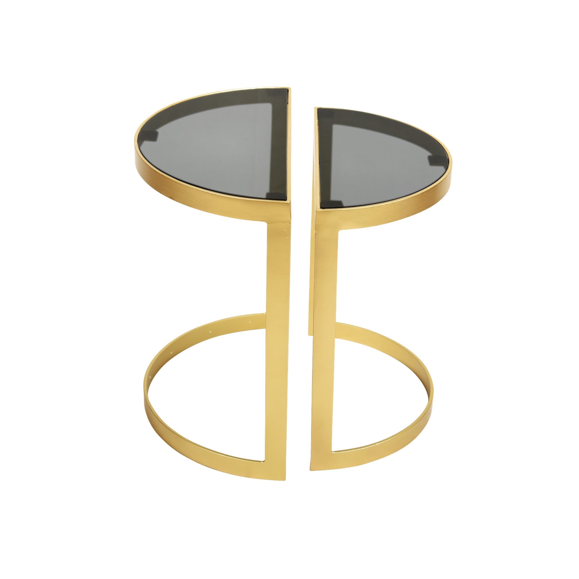 Set of 2 Deco Half Circle Nesting Tables in Metal with Black Glass Top 1 BHK Interiors