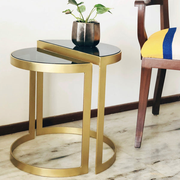 Set of 2 Deco Half Circle Nesting Tables in Metal with Black Glass Top 1 BHK Interiors