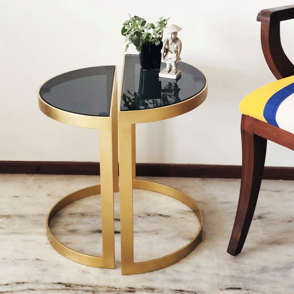 Set of 2 Deco Half Circle Nesting Tables in Metal with Black Glass Top 1 BHK Interiors