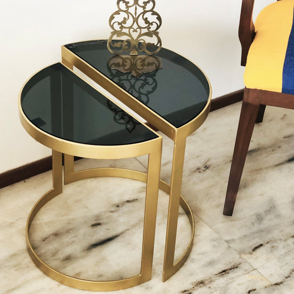 Set of 2 Deco Half Circle Nesting Tables in Metal with Black Glass Top 1 BHK Interiors