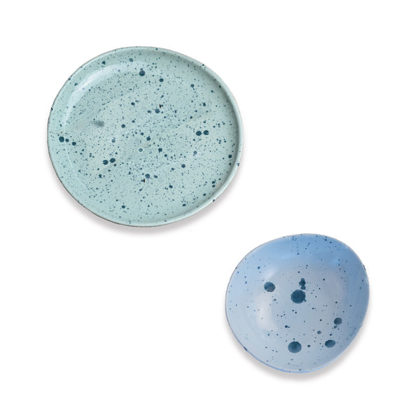 Set of 2 - Splatter Print Organic Shape Ceramic Bowl + Quarter Plate