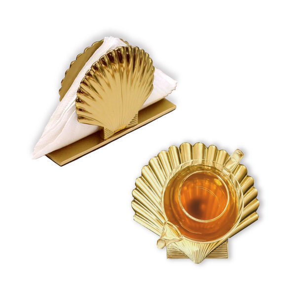 Set of 2 Art Deco Sea Shell Metal - Trivet / Dish Stand + Napkin Holder in Gold 1 BHK Interiors