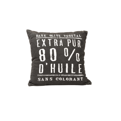 "100% Pure Olive Oil" Distressed Cotton Cushion Cover in Black 1 BHK Interiors