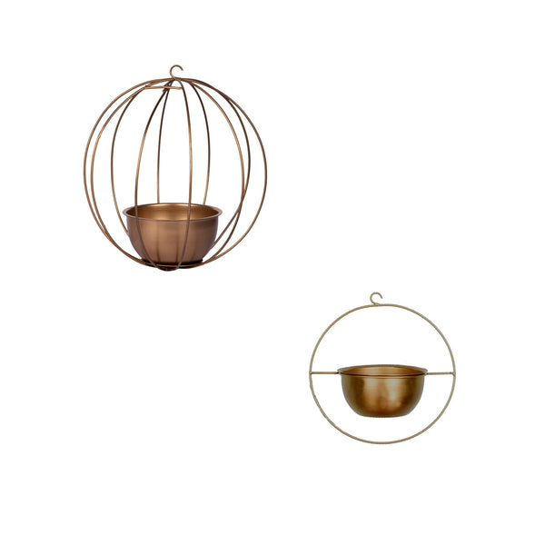 Set of 2 Metal Hanging Planters in Gold Finish - Choose Combo 1 BHK Interiors