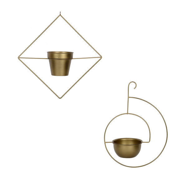 Set of 2 Metal Hanging Planters in Gold Finish - Choose Combo 1 BHK Interiors